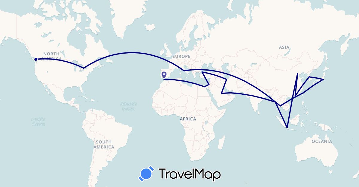 TravelMap itinerary: driving in United Arab Emirates, Canada, China, Egypt, Indonesia, Israel, Iran, Italy, Japan, South Korea, Morocco, Myanmar (Burma), Saudi Arabia, Thailand, Turkey, Taiwan (Africa, Asia, Europe, North America)